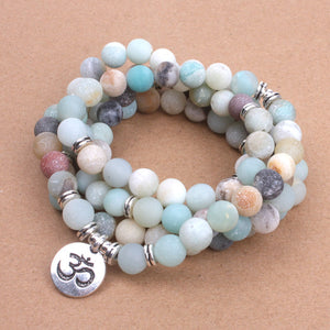 Matte Frosted Amazonite Beads with Lotus OM Buddha Charm Women's Bracelet