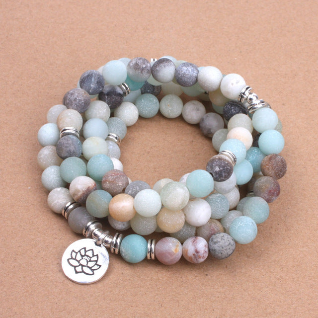 Matte Frosted Amazonite Beads with Lotus OM Buddha Charm Women's Bracelet